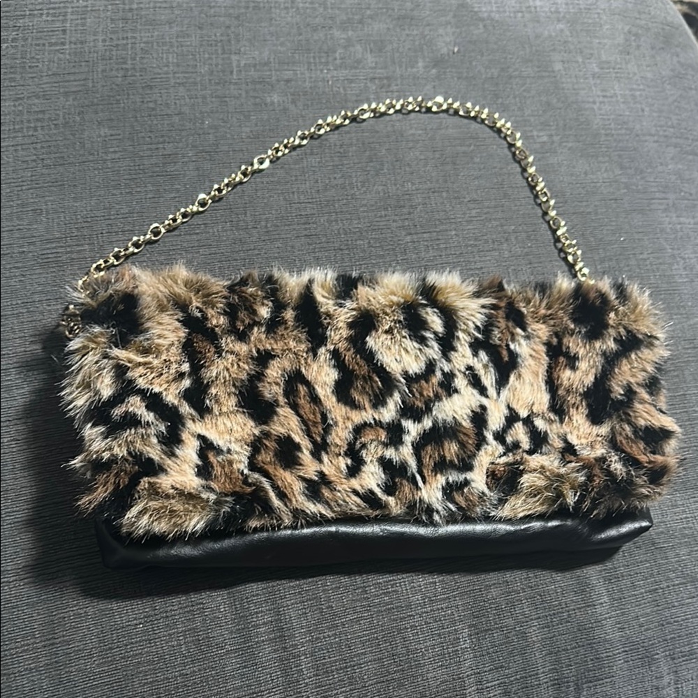 JUICY COUTURE Leopard Print Faux Fur Clutch with Gold Chain Strap